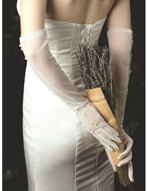 ソフトチュール パール付き ロング 結婚式 ウェディング グローブ 2