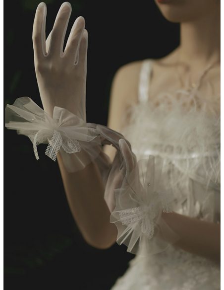 オーガンジー チュール レースリボン ショート 結婚式 ウェディング グローブ