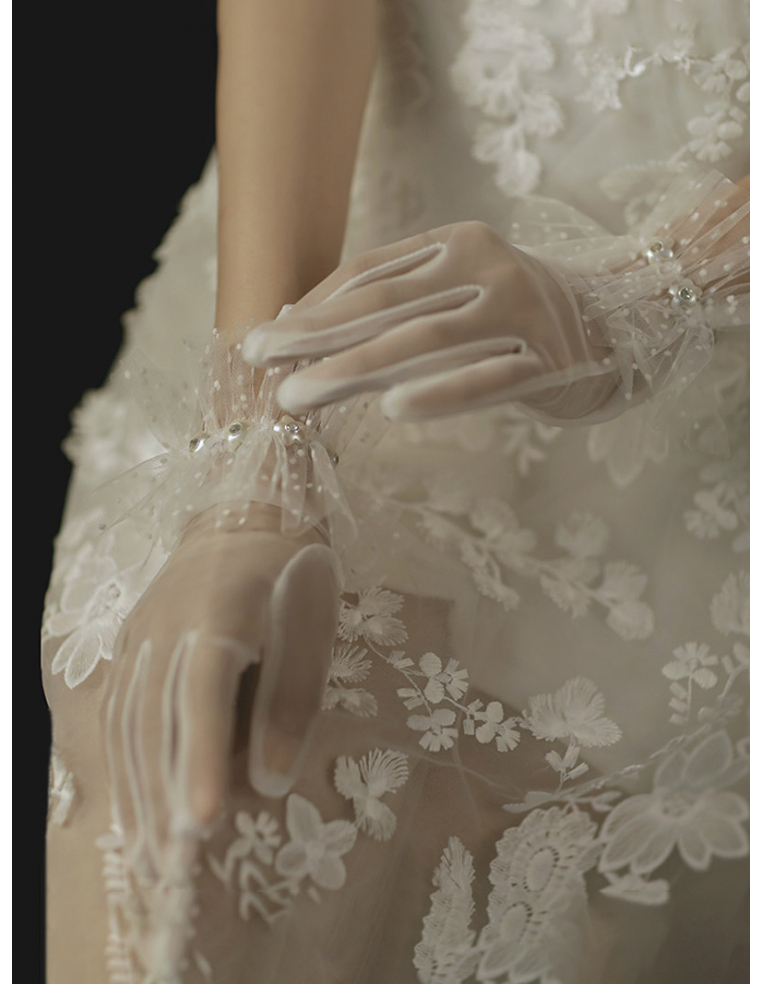 オーガンジー 水玉チュール フラワーパール ショート 結婚式 ウェディング グローブ