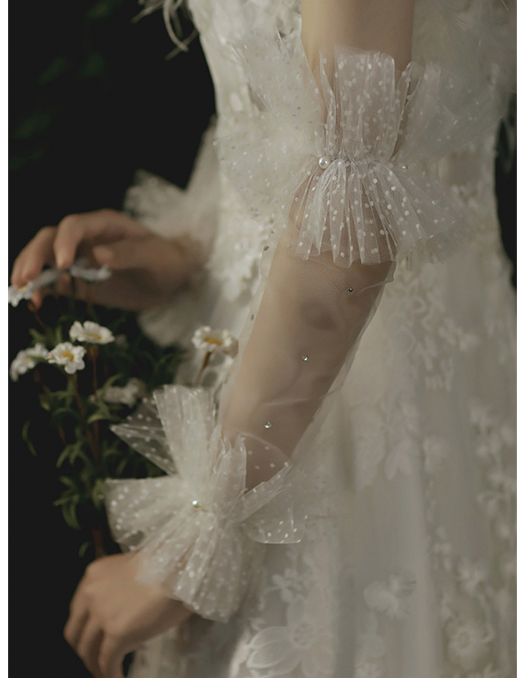 水玉 チュール パール付き 取り外し可能 2way ウェディングドレス スリーブ
