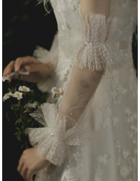 水玉 チュール パール付き 取り外し可能 2way ウェディングドレス スリーブ