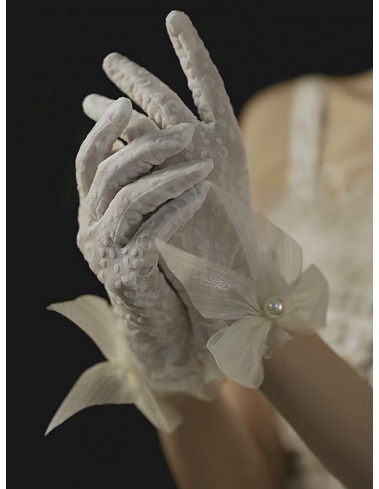 レース チュールリボン パール ショート 結婚式 ウェディング グローブ