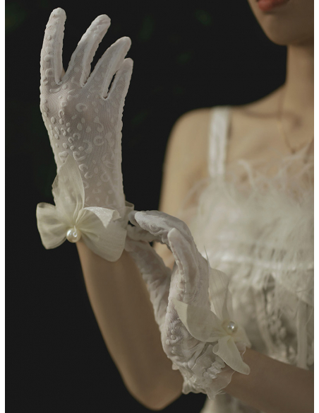 レース チュールリボン パール ショート 結婚式 ウェディング グローブ