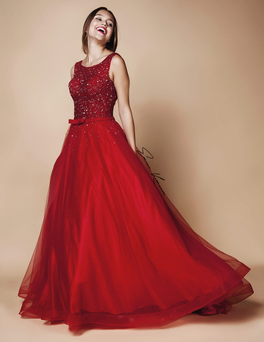 クリスタルチュール製 レッドカーペットドレス ルビー - Aライン チュール クリスタル レッド ウェディングドレス