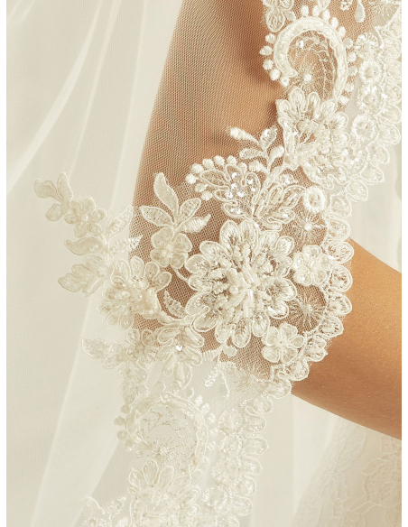 ソフトチュール 1段 レブロデレース ビーズ パール刺繍 カテドラル ロングベール