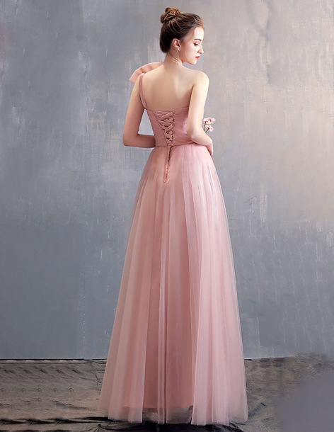 チュール ピンク 編み上げ ワンショルダー リボン 二次会・お呼ばれ・ブライズメイド ドレス 2