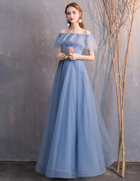 チュール コバルトブルー オフショルダー 編み上げ  二次会・お呼ばれ・ブライズメイド ドレス