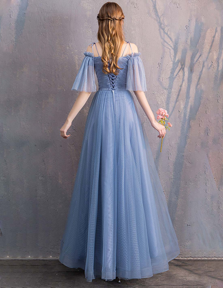 ドットチュール コバルトブルー 編み上げ ストラップショルダー フリルスリーブ 二次会・お呼ばれ・ブライズメイド ドレス