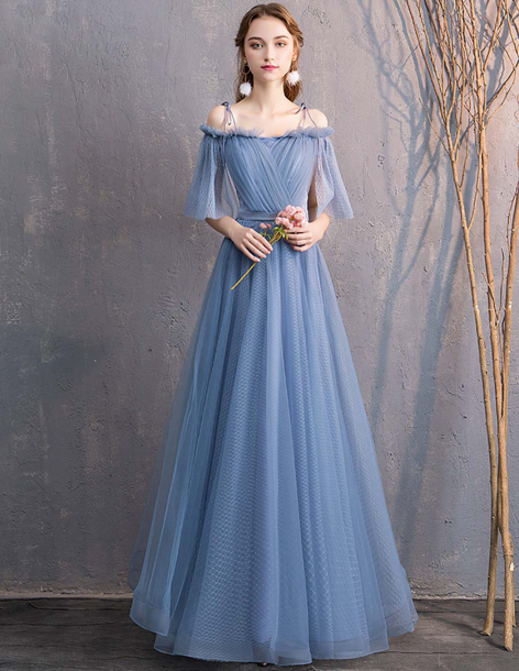 ドットチュール コバルトブルー 編み上げ ストラップショルダー フリルスリーブ 二次会・お呼ばれ・ブライズメイド ドレス