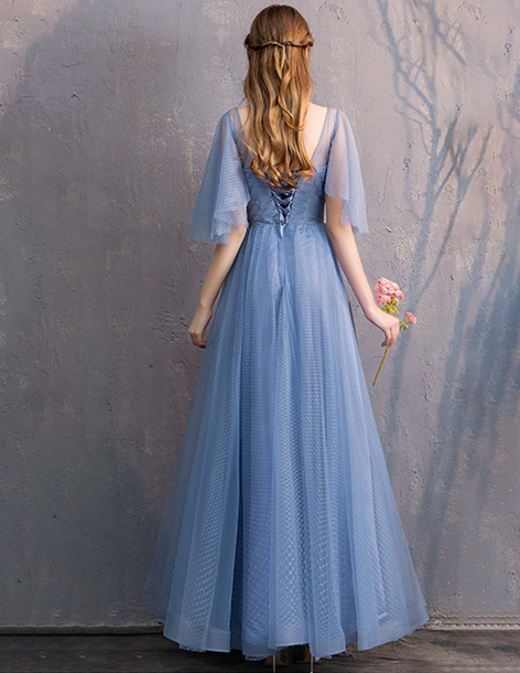 ドットチュール コバルトブルー 編み上げ エンジェルスリーブ 二次会・お呼ばれ・ブライズメイド ドレス 2