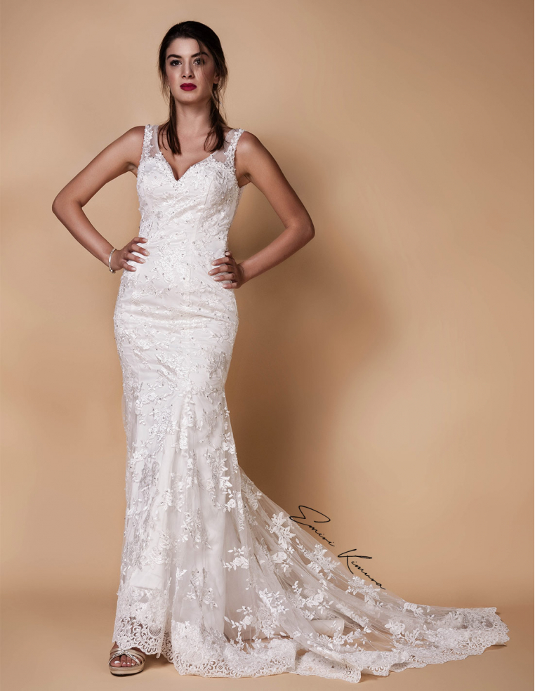 Vネック パールボタン マーメイドライン レース チュール ウェディングドレス