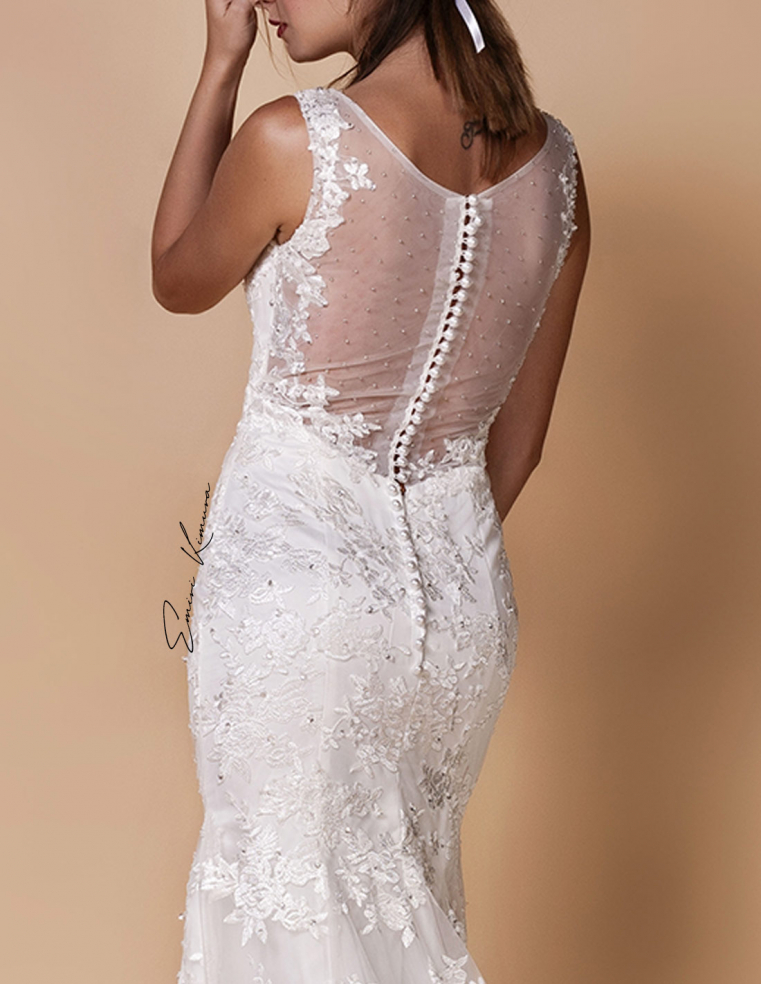 Vネック パールボタン マーメイドライン レース チュール ウェディングドレス