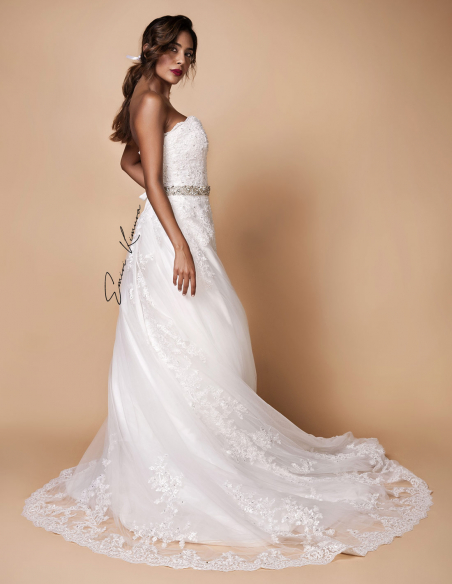 ハートネック レース チュール ラインストーン クリスタルベルト Aライン ウェディングドレス