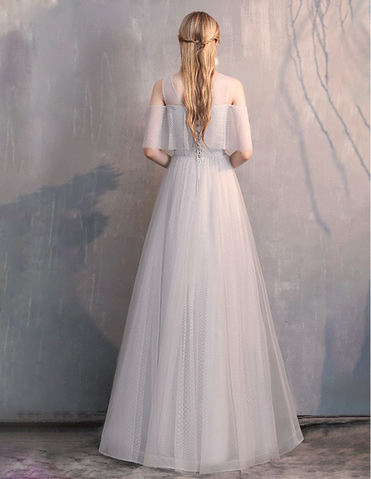 ドットチュール グレー 編み上げ ラウンドネック 二次会・お呼ばれ・ブライズメイド ドレス