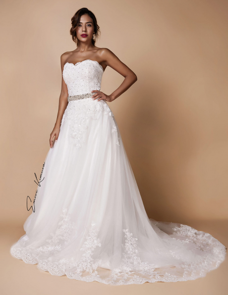 ハートネック レース チュール ラインストーン クリスタルベルト Aライン ウェディングドレス