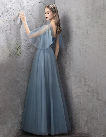 チュール くすみブルー 編み上げ Vネック エンジェルスリーブ 二次会・お呼ばれ・ブライズメイド ドレス
