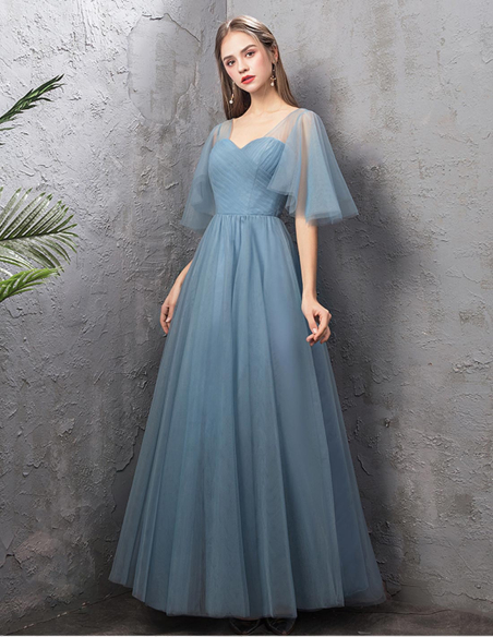 チュール くすみブルー 編み上げ Vネック エンジェルスリーブ 二次会・お呼ばれ・ブライズメイド ドレス