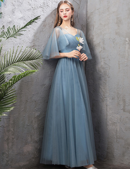 チュール くすみブルー 編み上げ Vネック エンジェルスリーブ 二次会・お呼ばれ・ブライズメイド ドレス