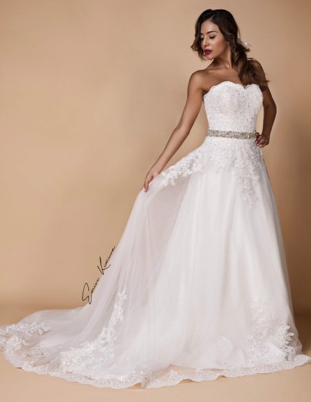 ハートネック レース チュール ラインストーン クリスタルベルト Aライン ウェディングドレス