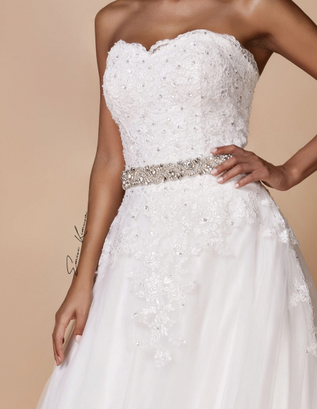 ハートネック レース チュール ラインストーン クリスタルベルト Aライン ウェディングドレス