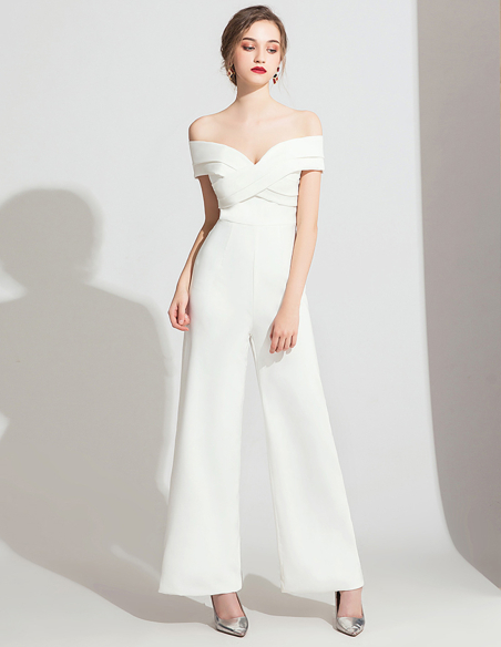 イタリアンサテン オフショルダー ウェディング ジャンプスーツ パンツドレス