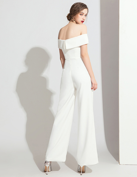 イタリアンサテン オフショルダー ウェディング ジャンプスーツ パンツドレス