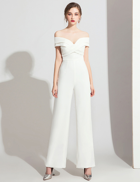 イタリアンサテン オフショルダー ウェディング ジャンプスーツ パンツドレス
