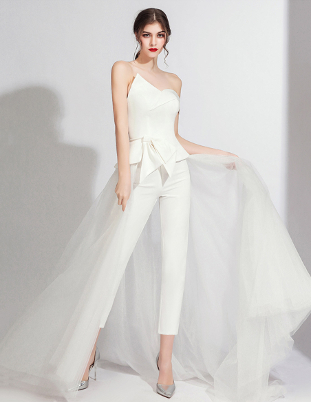 イタリアンサテン チュール オフショルダー オーバースカート 2way ウェディング パンツドレス