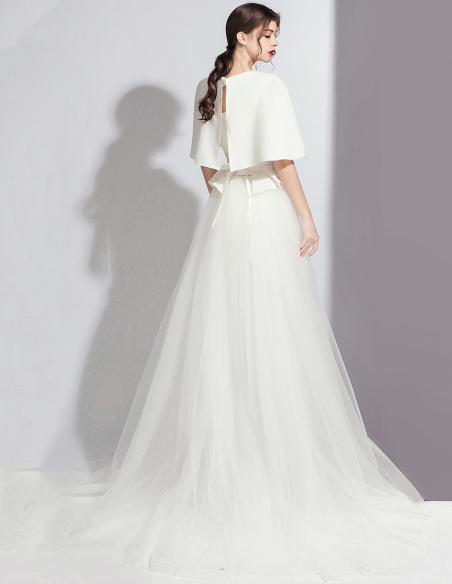 イタリアンサテン チュール オーバースカート ポンチョスリーブ 2way ウェディング パンツドレス