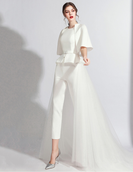 イタリアンサテン チュール オーバースカート ポンチョスリーブ 2way ウェディング パンツドレス