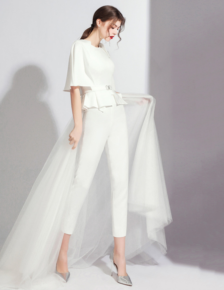 イタリアンサテン チュール オーバースカート ポンチョスリーブ 2way ウェディング パンツドレス