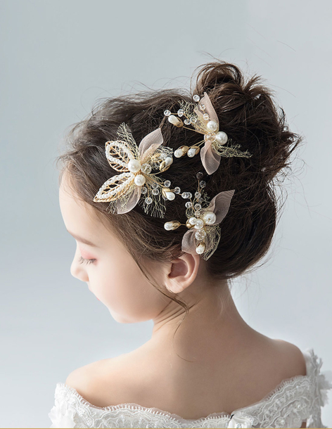 キッズ・女の子 ゴールド フラワー 3点セット 誕生日会 パーティ用 コーム型 ヘッドドレス 2