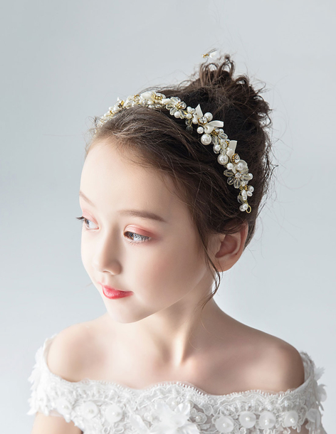 キッズ・女の子 ゴールド パール 誕生日会 パーティ用 クリスタルフラワー ヘッドドレス 2