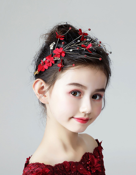 キッズ・女の子 レッド フラワー クリスタル 誕生日会 パーティ用 クリップ ヘッドドレス