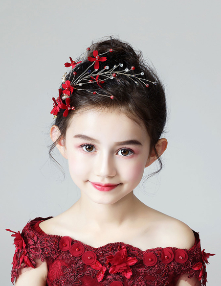 キッズ・女の子 レッド フラワー クリスタル 誕生日会 パーティ用 クリップ ヘッドドレス