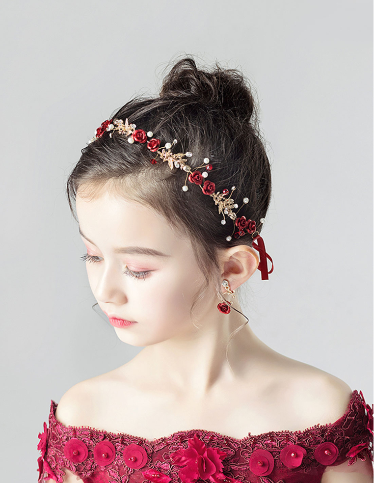 キッズ・女の子 ゴールド レッド 誕生日会 パーティ用 バラ リボン ヘッドドレス