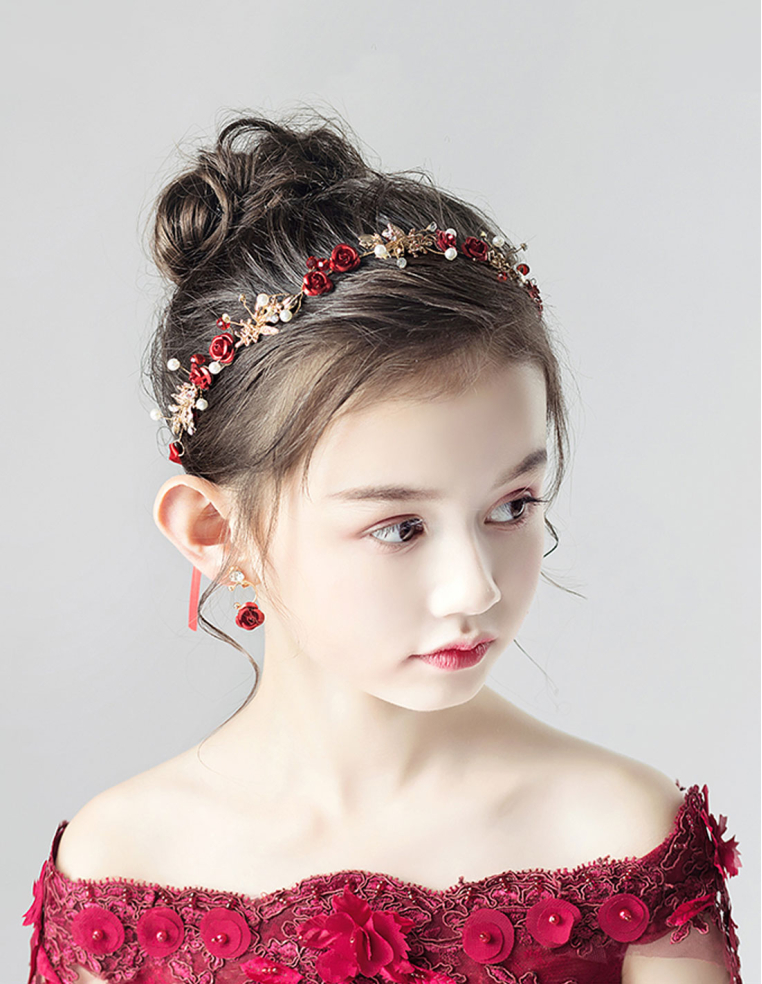 キッズ・女の子 ゴールド レッド 誕生日会 パーティ用 バラ リボン ヘッドドレス