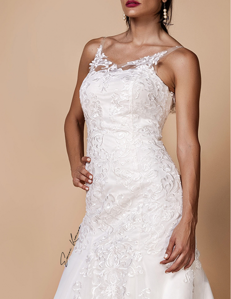 Vネック レース チュール ソフトマーメイドライン ウェディングドレス