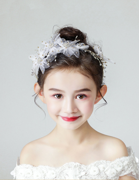 キッズ・女の子 シャンパン ホワイト フラワー 誕生日会 パーティ用 ヘッドドレス