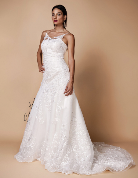 Vネック レース チュール ソフトマーメイドライン ウェディングドレス