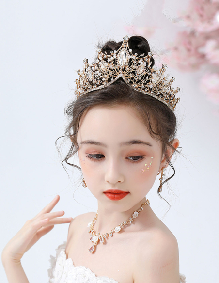 キッズ・女の子 プリンセス クリスタル ゴールド ラインストーン 豪華 誕生日会 パーティ用 ティアラ
