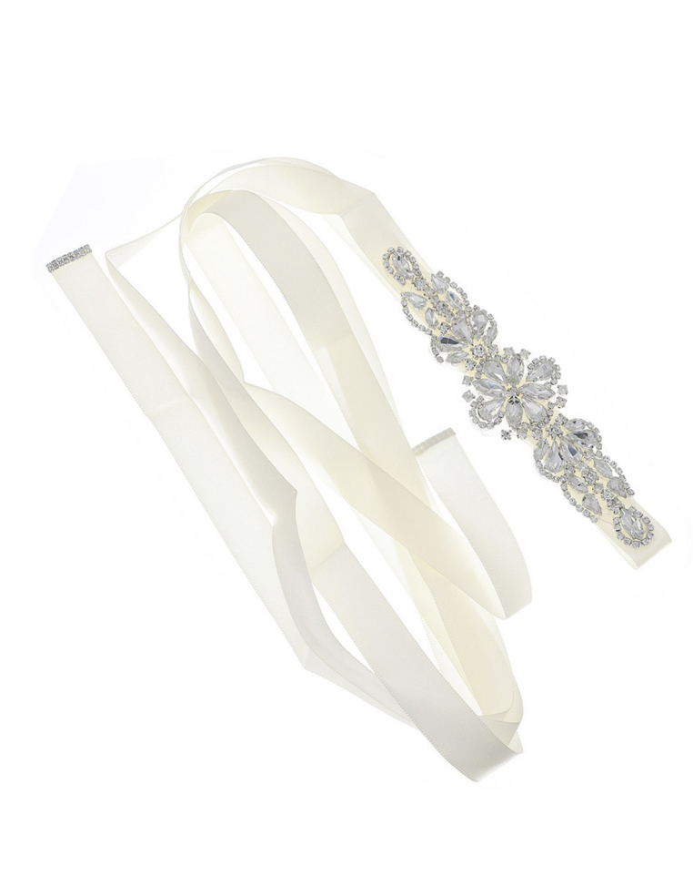 ブライダル ビジュー ラインストーン ショート オフホワイト サッシュベルト