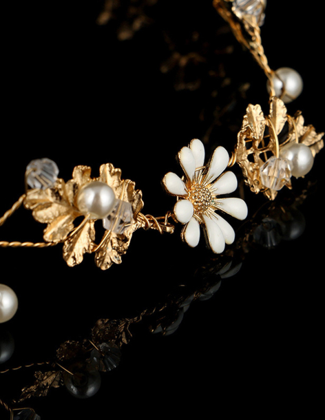 フラワー パール クリスタル ゴールド ブライダル セレモニー 花冠 ヘッドドレス 2