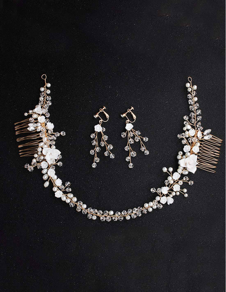 フラワー パール クリスタル ゴールド ブライダル セレモニー イヤリングセット コーム型 ヘッドドレス