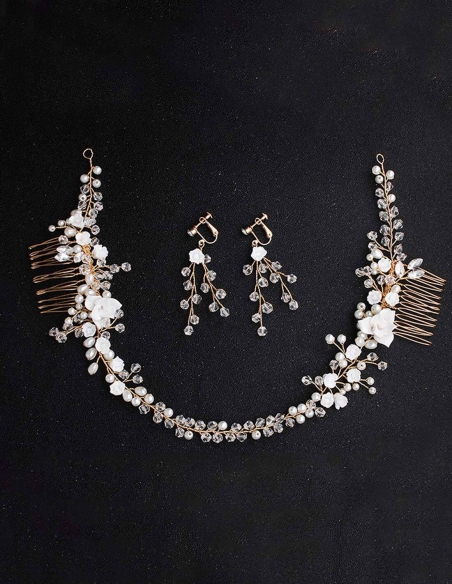 フラワー パール クリスタル ゴールド ブライダル セレモニー イヤリングセット コーム型 ヘッドドレス