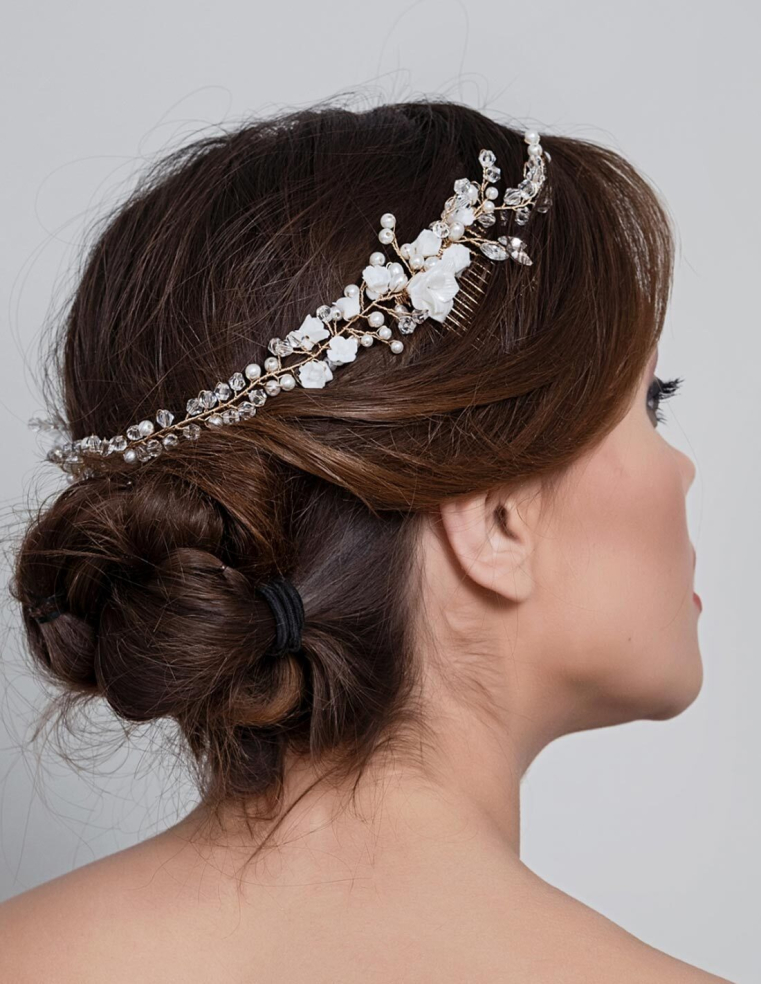 フラワー パール クリスタル ゴールド ブライダル セレモニー イヤリングセット コーム型 ヘッドドレス