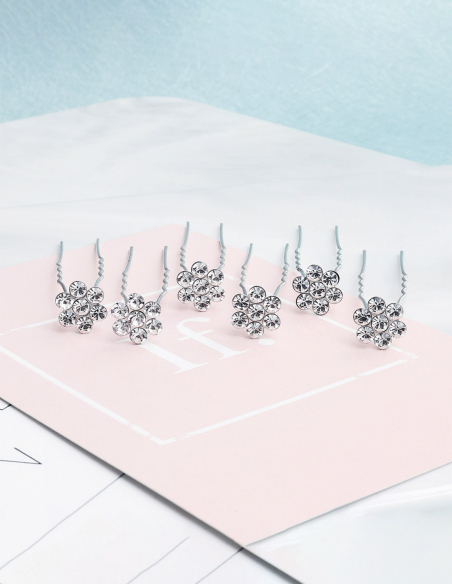 ラインストーン フラワー 6点セット シルバー ブライダル ヘアピン Uピン アクセサリー