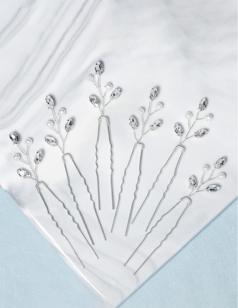 ラインストーン パール 小枝 6点セット シルバー ブライダル ヘアピン Uピン アクセサリー