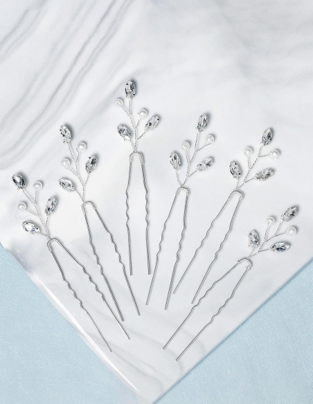 ラインストーン パール 小枝 6点セット シルバー ブライダル ヘアピン Uピン アクセサリー