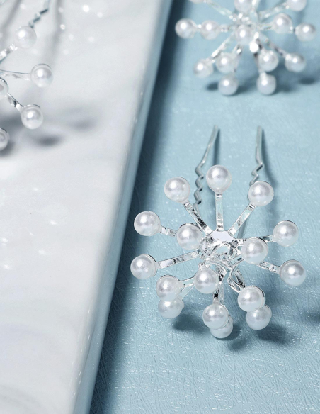 パール 花火 6点セット シルバー オフホワイト ブライダル ヘアピン Uピン アクセサリー